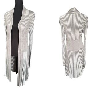 41 Hawthorn Gray Rib Knit Open Front Pleated Long Duster Cardigan, Size Large